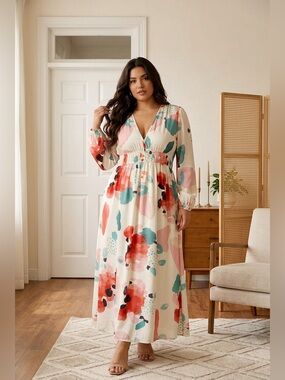 Sissyaki Watercolor Floral Boho Maxi Dress V-Neck Long Sleeve Womens Large NWT
